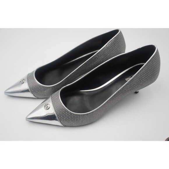 Michael Kors Davina Flex Kitten Metallic Silver Heel Pointed Toe Textured Sz 8.5 - Picture 7 of 16